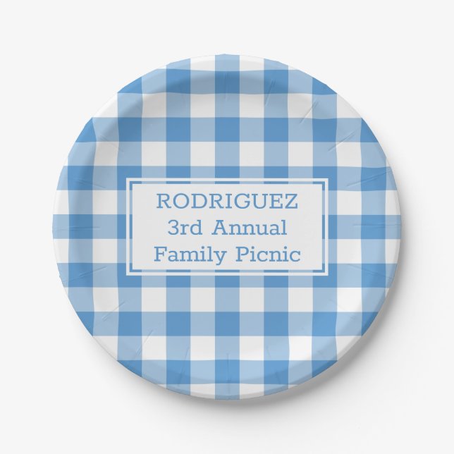 Light Blue White Buffalo Check Name Family Picnic Paper Plate (Front)