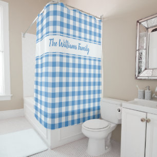 Light Blue White Buffalo Plaid Pattern Custom Name Shower Curtain