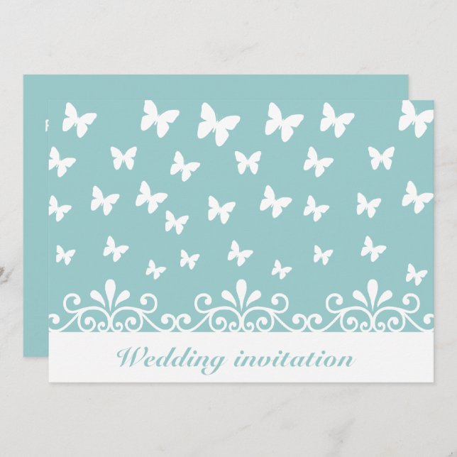 Light blue White butterflies swirls Wedding Invite (Front/Back)