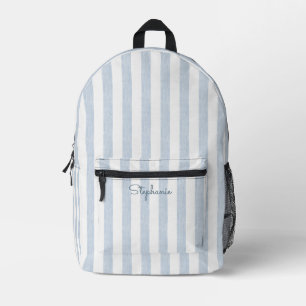 Light Blue White Cabana Stripe Modern Coastal Name Printed Backpack