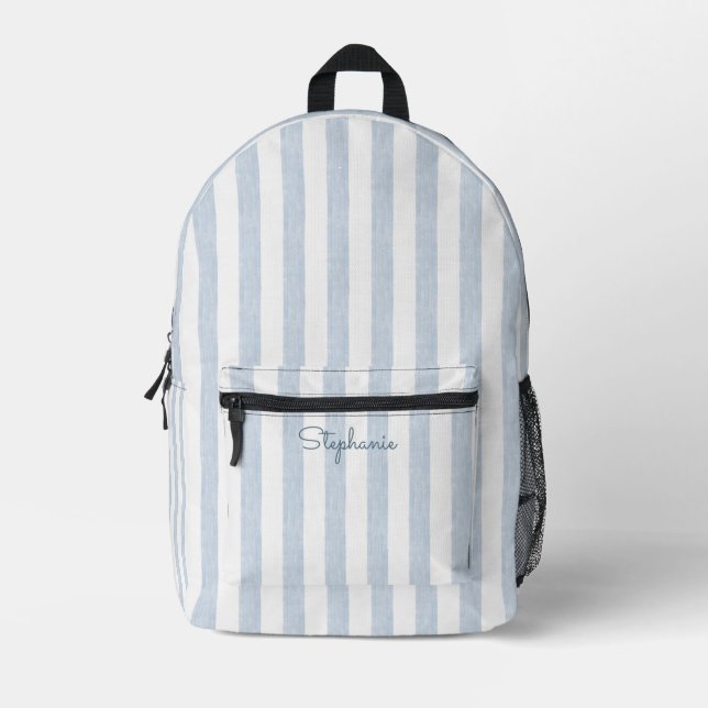 Light Blue White Cabana Stripe Modern Coastal Name Printed Backpack (Front)