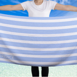 Light blue white cabana stripes - personalised beach towel