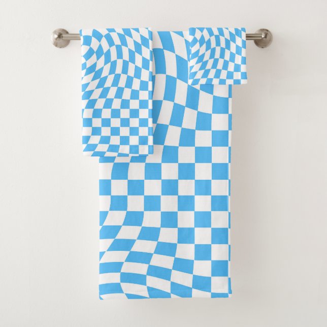 Light Blue & White Chequered Chequerboard Pattern  Bath Towel Set (Insitu)