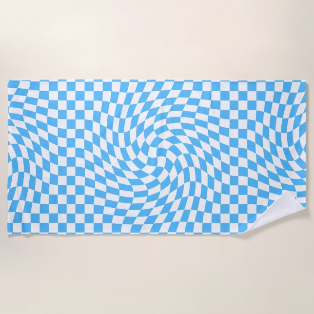 Light Blue & White Chequered Chequerboard Pattern  Beach Towel (Front)