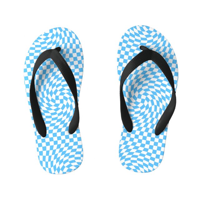 Light Blue & White Chequered Chequerboard Pattern  Kid's Flip Flops (Footbed)