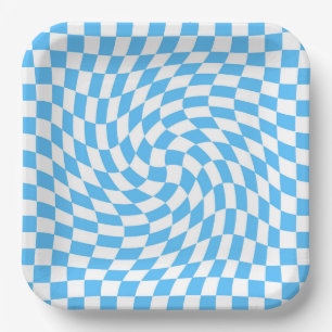 Light Blue & White Chequered Chequerboard Pattern  Paper Plate