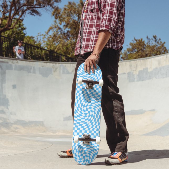 Light Blue & White Chequered Chequerboard Pattern  Skateboard (Outdoor 2)