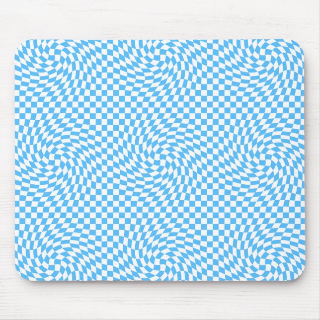 Light Blue & White Chic Warped Chequered Pattern  Mouse Mat (Front)