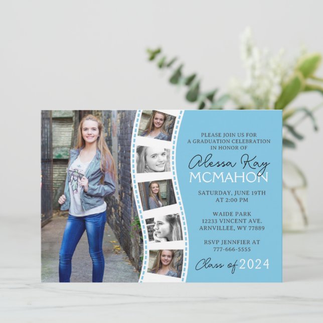 Light Blue & White Filmstrip 6 Photo Graduation Invitation (Standing Front)