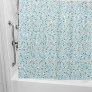 Light blue white floral pattern retro shower curtain
