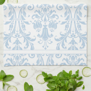 Light Blue White Floral Swirls Damask Monogram Tea Towel