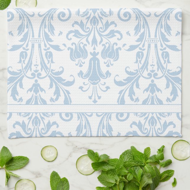 Light Blue White Floral Swirls Damask Monogram Tea Towel (Folded)