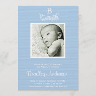 Light Blue White Frame Monogram Baby Announcement