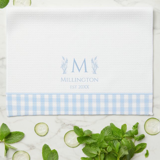 Light Blue & White Gingham Custom Monogram Name Tea Towel (Folded)