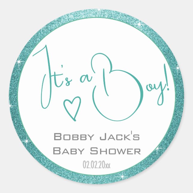 Light Blue White Glitter Stars Frame Baby Shower  Classic Round Sticker (Front)