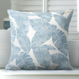 Light Blue & White Palm Leaf Throw Pillow