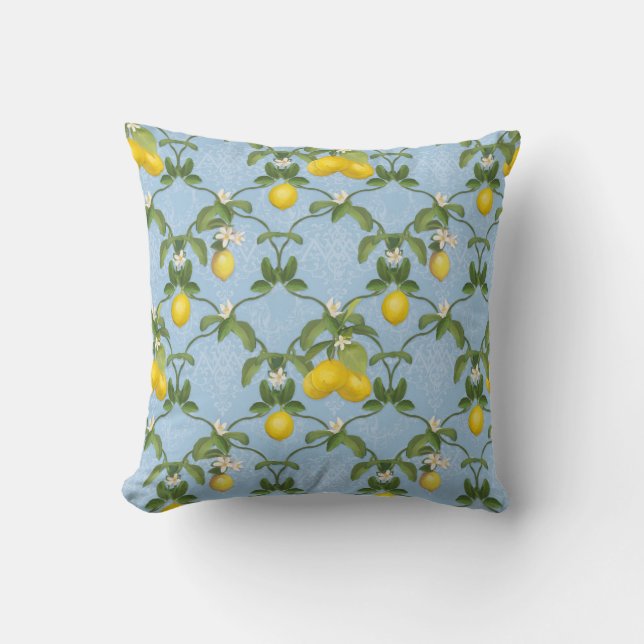 Light Blue White Pattern Lemon Leaf Trellis Floral Cushion (Front)