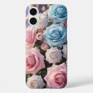 Light Blue, White & Pink Roses iPhone 16 Plus Case