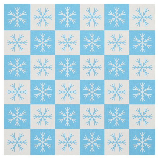 Light Blue White Snowflake Checkered Pattern Fabric (Swatch)