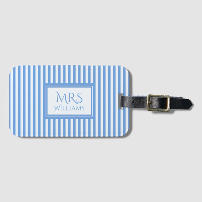 Light Blue & White Stripes Custom Name Luggage Tag (Front Horizontal)