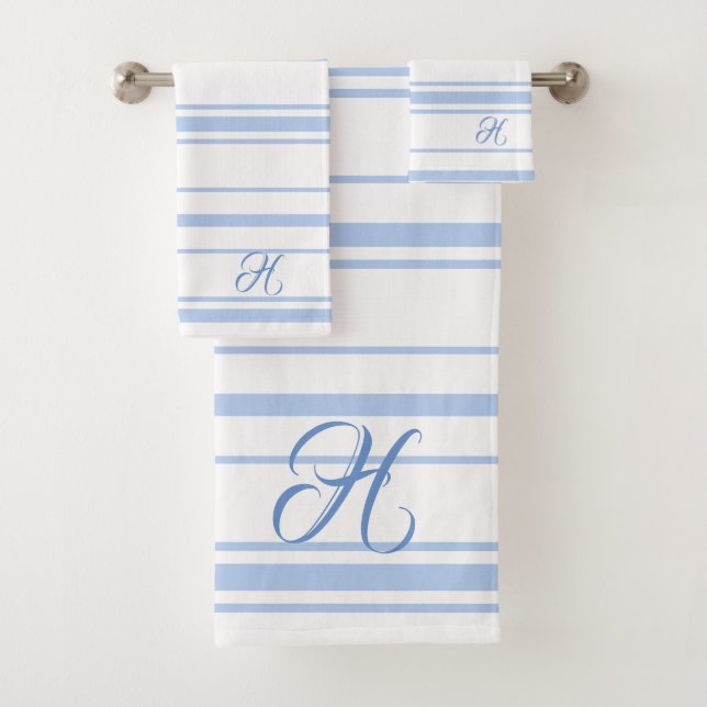 Light-blue & White Stripes Monogram Bath Towel Set (Insitu)