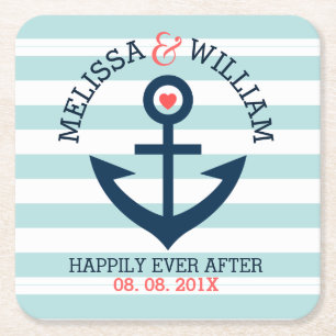 Light Blue & White Stripes Navy-Blue Boat Anchor Square Paper Coaster