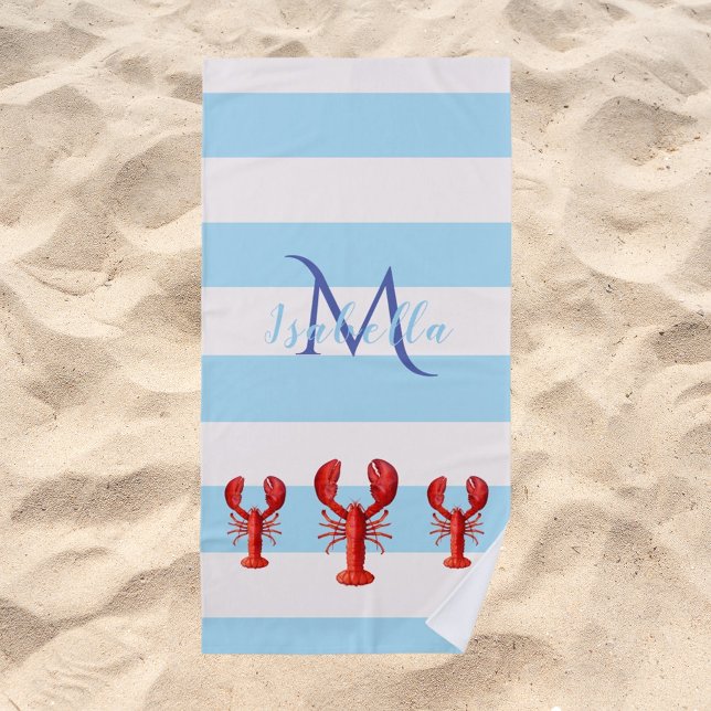 Light blue white stripes red lobsters name beach towel (Creator Uploaded)