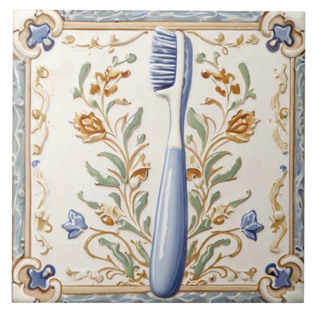 Light Blue White Toothbrush Funny Dentist Bathroom Tile (Front)