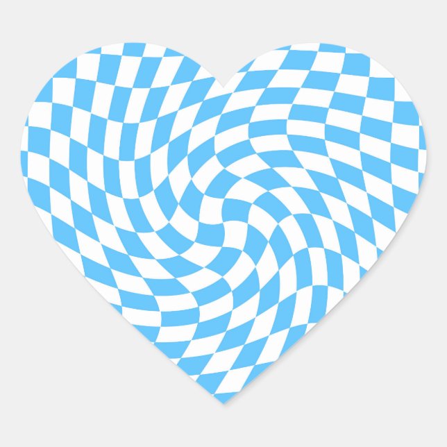 Light Blue & White Warped Chequered Pattern Heart Sticker (Front)