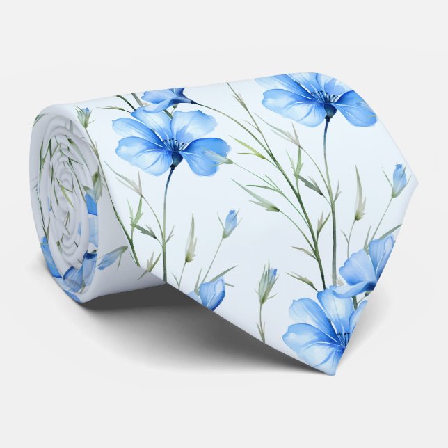 Light Blue Wildflowers Neck Tie (Rolled)
