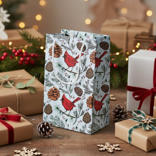 Light Blue Winter Perched Red Cardinal & Pine Cone Small Gift Bag