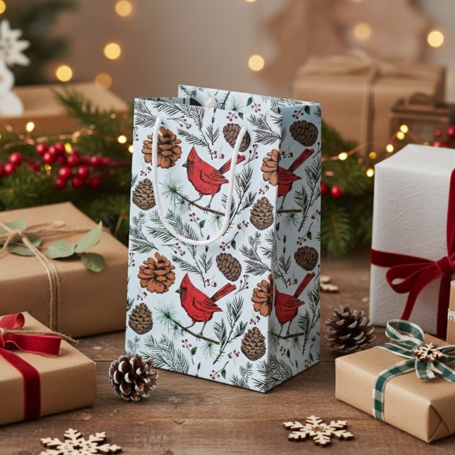 Light Blue Winter Perched Red Cardinal & Pine Cone Small Gift Bag (Elegant Red Cardinal Gift Bags. Rustic Cardinal Birds, Pinecones, Pine Winter Pattern in Light Blue.)