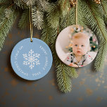 Light Blue Winter Snowflake First Christmas Photo Ceramic Tree Decoration<br><div class="desc">Ceramic holiday ornament personalised with your baby's photo and custom "My First Christmas" text. This simple modern holiday design features a white snowflake on a light blue background. Use the design tools to choose any background colour, edit text fonts and colours and add your own photos to create your own...</div>