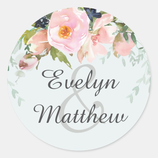Light Blue with Blush Pink Floral Bouquet Wedding Classic Round Sticker (Front)