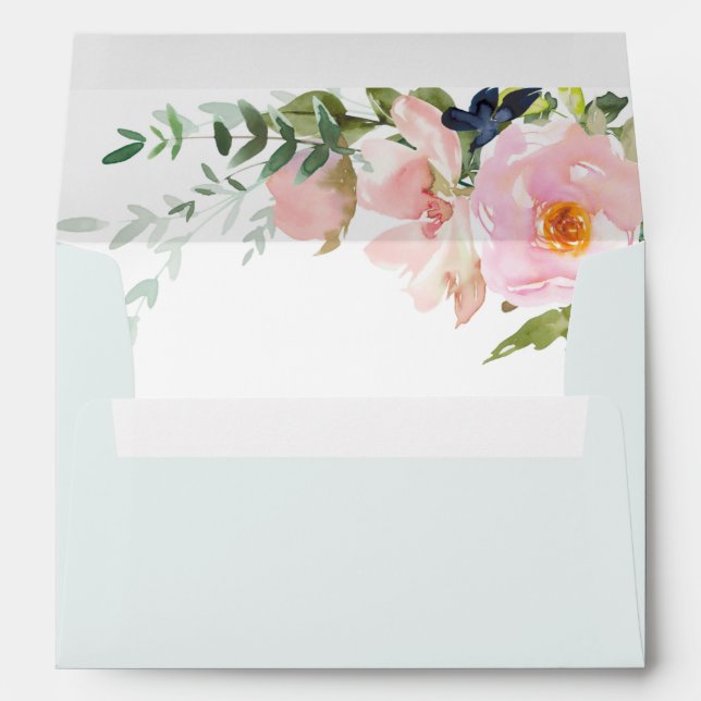 Light Blue with Blush Pink Floral Spray Wedding Envelope (Back (Bottom))