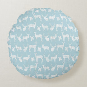 Light Blue With White Deer Round Pillow