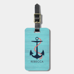 Light Blue Wood & Blue Nautical Anchor Monogram Luggage Tag