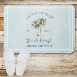 Light Blue Wood Palm Trees Modern Beach House Bath Mat