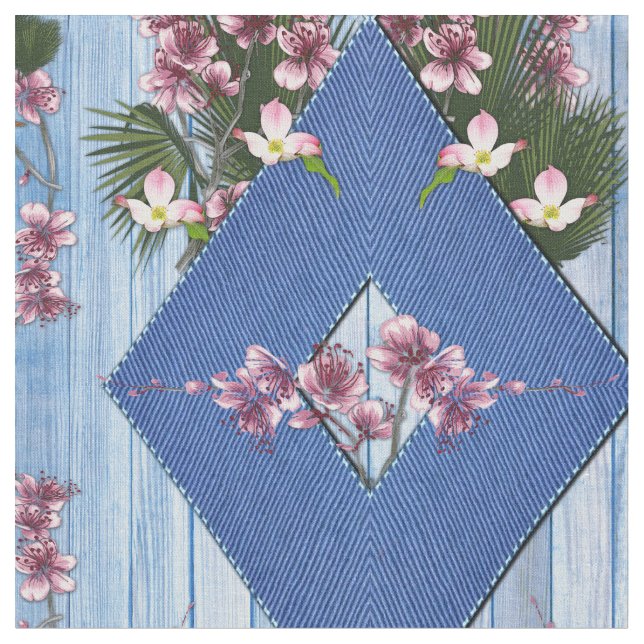 Light blue wood texture-blue ribbing & flowers fabric (Close Up)