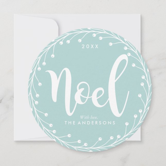 Light Blue Wreath Noel Holiday Card (Front)