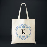 Light Blue Wreath Personalised Monogram Tote Bag<br><div class="desc">Simple, elegant, modern and trendy modern leaves or floral wreath pattern or design in Cornflower or Light Blue with a white colour background and black personalised custom Monogram or initial in a preppy font canvas Tote Bag. Click the "Customise It" button to personalise your gift to add your personalised monogram...</div>