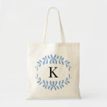 Light Blue Wreath Personalised Monogram Tote Bag<br><div class="desc">Simple, elegant, modern and trendy modern leaves or floral wreath pattern or design in Cornflower or Light Blue with a white colour background and black personalised custom Monogram or initial in a preppy font canvas Tote Bag. Click the "Customise It" button to personalise your gift to add your personalised monogram...</div>