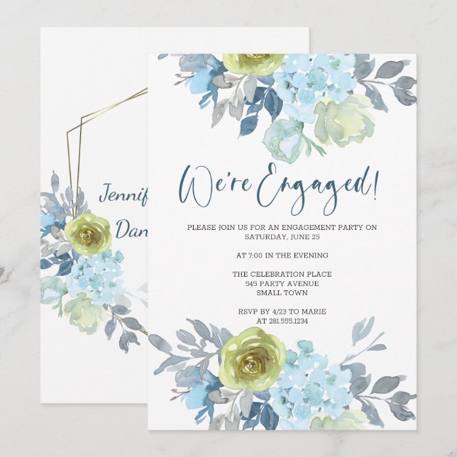 Light Blue Yellow Green Floral Engagement Party Invitation (Front/Back)