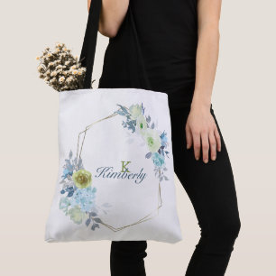 Light Blue Yellow Green Floral Initial Monogram Tote Bag