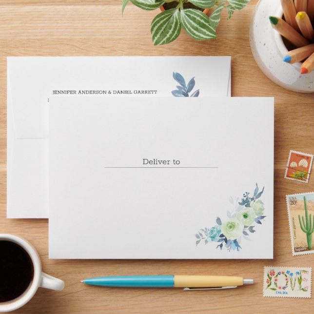 Light Blue Yellow Green Floral Wedding Invitation Envelope (Desk)