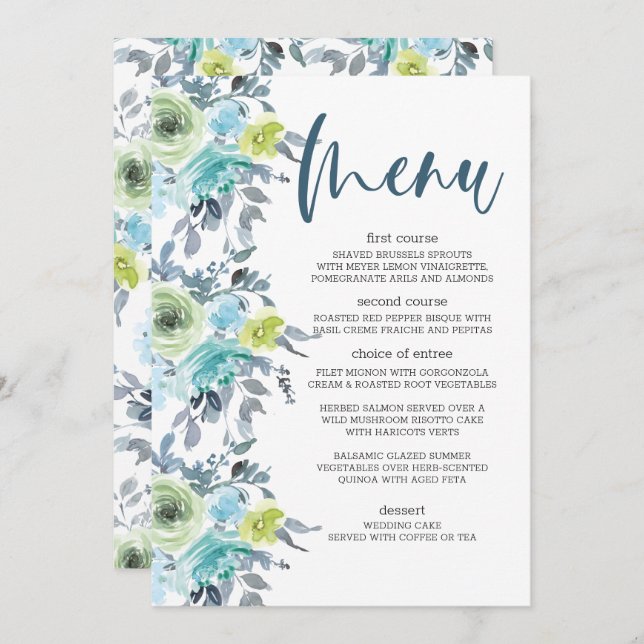 Light Blue Yellow Green Floral Wedding Menu (Front/Back)