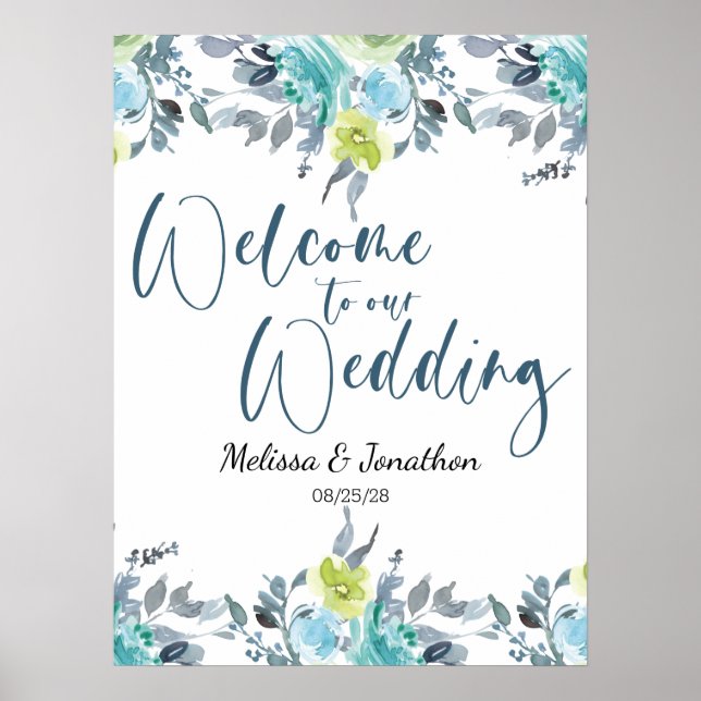 Light Blue Yellow Green Floral Wedding Poster (Front)