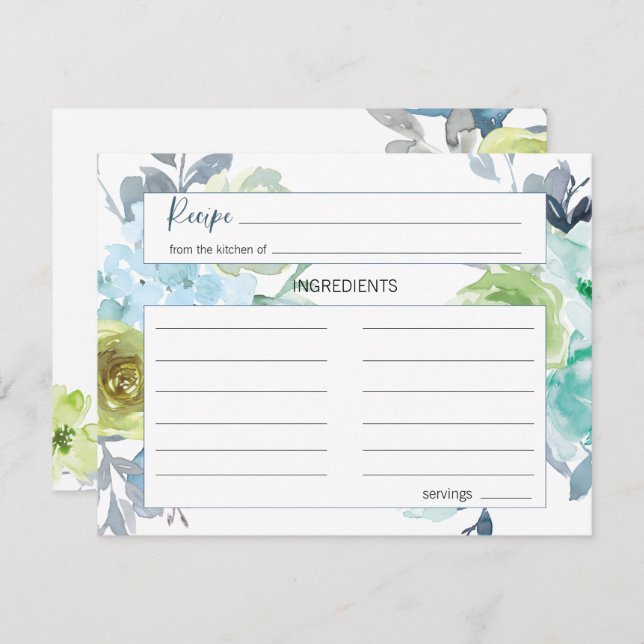 Light Blue Yellow Green Floral Wedding Recipe Card (Front/Back)
