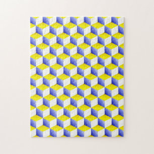 Light Blue Yellow White Shaded 3D Look Cubes Jigsaw Puzzle