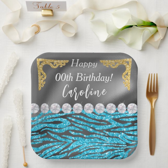 Light Blue Zebra Print & Gold Silver Birthday Paper Plate (Wedding)